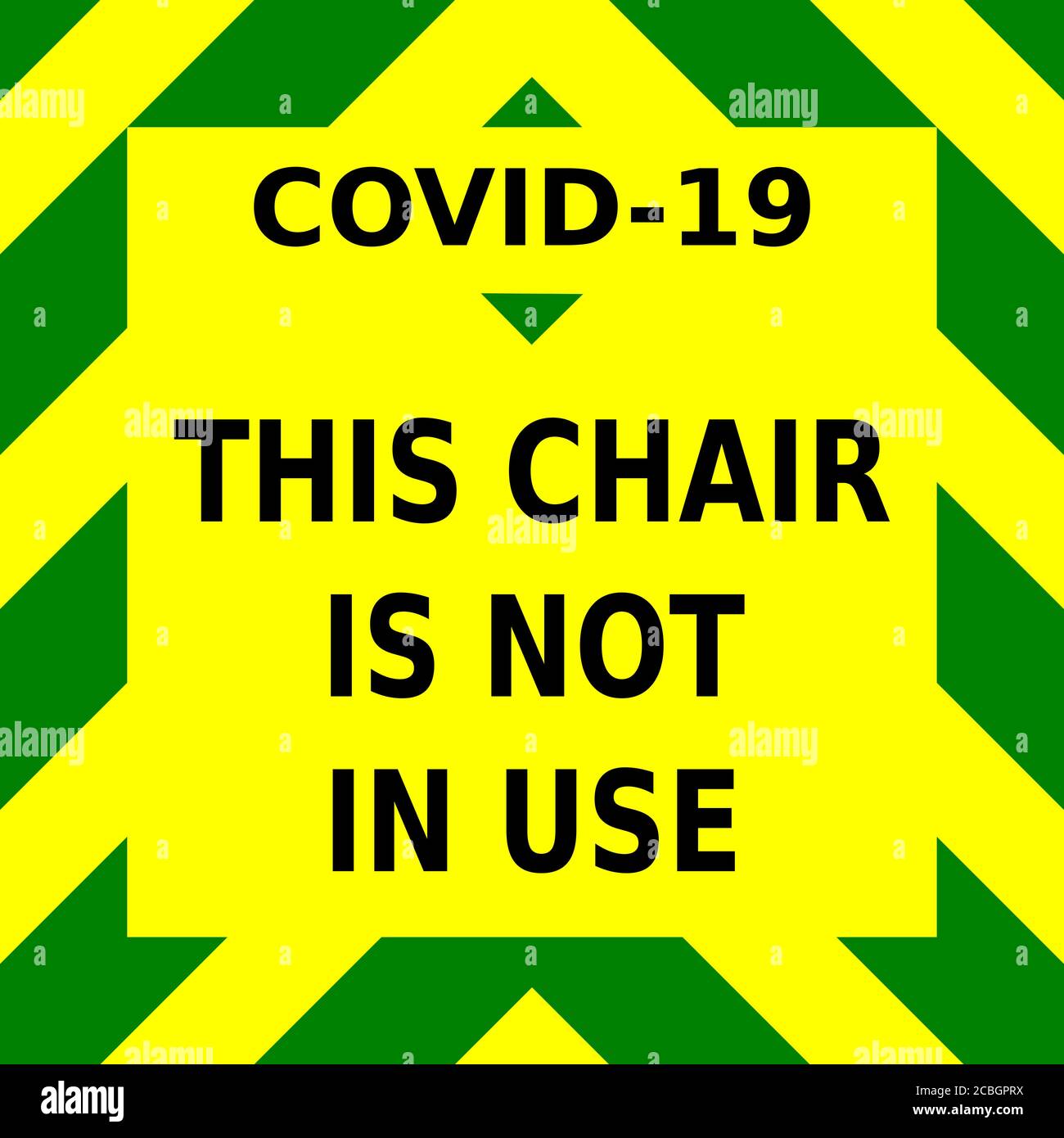 Green and yellow vector graphic, informing people that this chair is not in use, as part of the measures to help stop the spread of the covid-19 virus Stock Vector