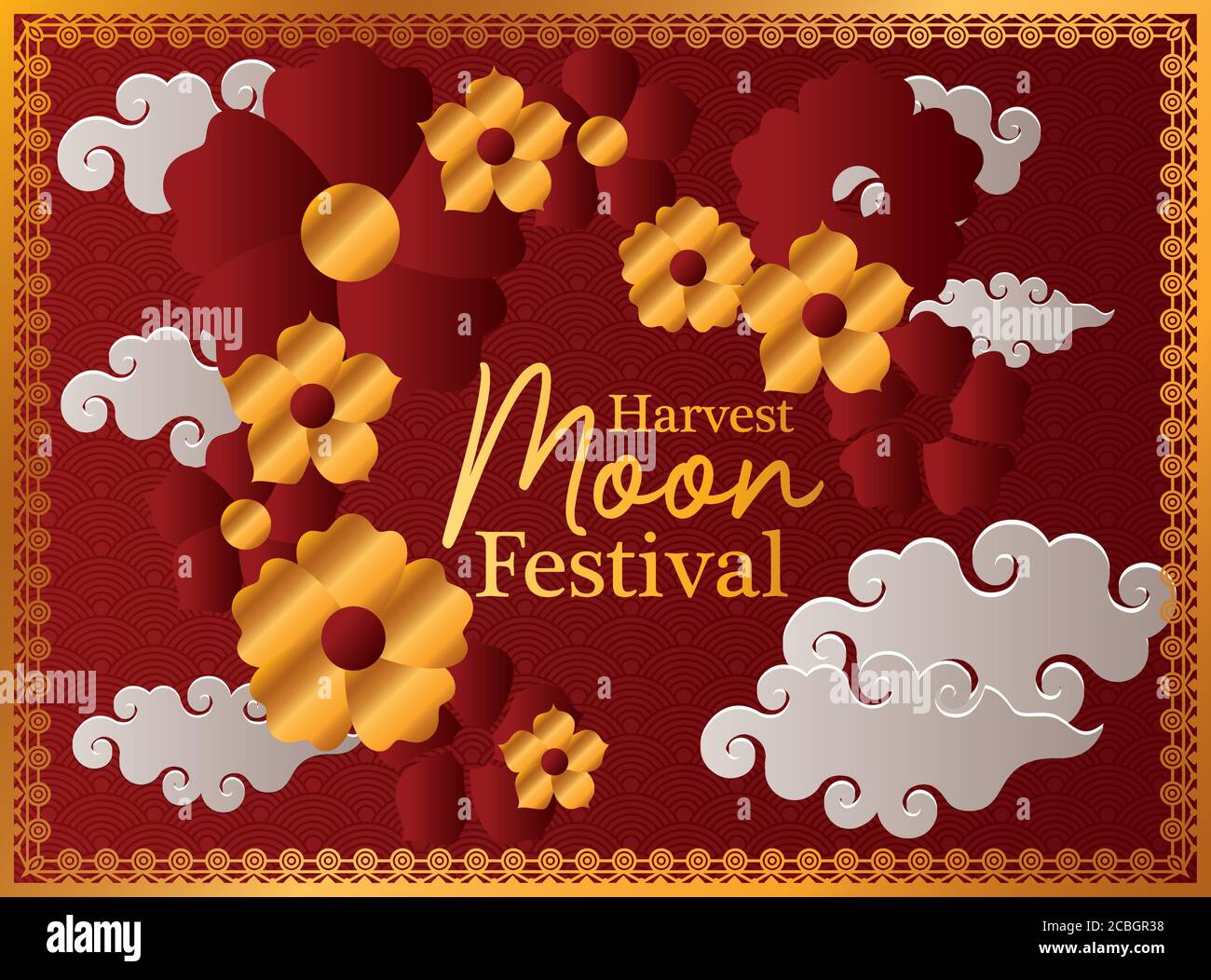 harvest moon festival with gold red flowers clouds and frame design