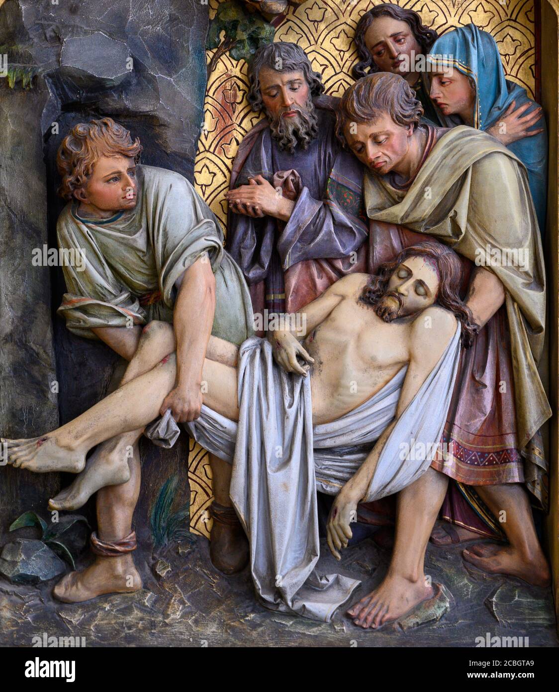 Jesus is laid in the tomb (also: The burial of Jesus or Entombment of Christ). St Martin's Cathedral in Bratislava, Slovakia. 2020/05/20. Stock Photo