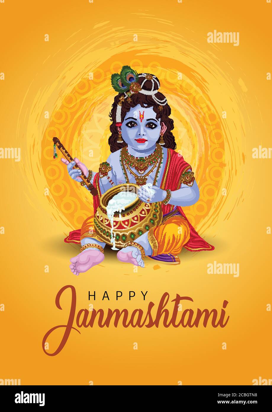 Little Krishna with flute and pot, happy Janmashtami background ...