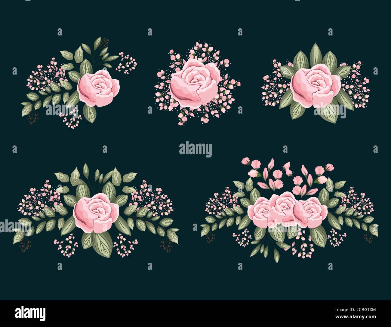 set of pink rose flowers with leaves painting design, natural floral ...