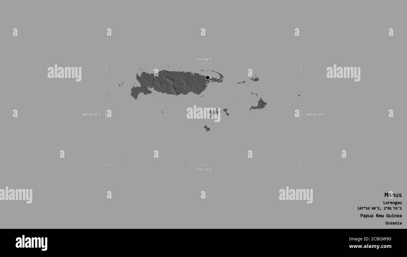 Area of Manus, province of Papua New Guinea, isolated on a solid background in a georeferenced bounding box. Labels. Bilevel elevation map. 3D renderi Stock Photo