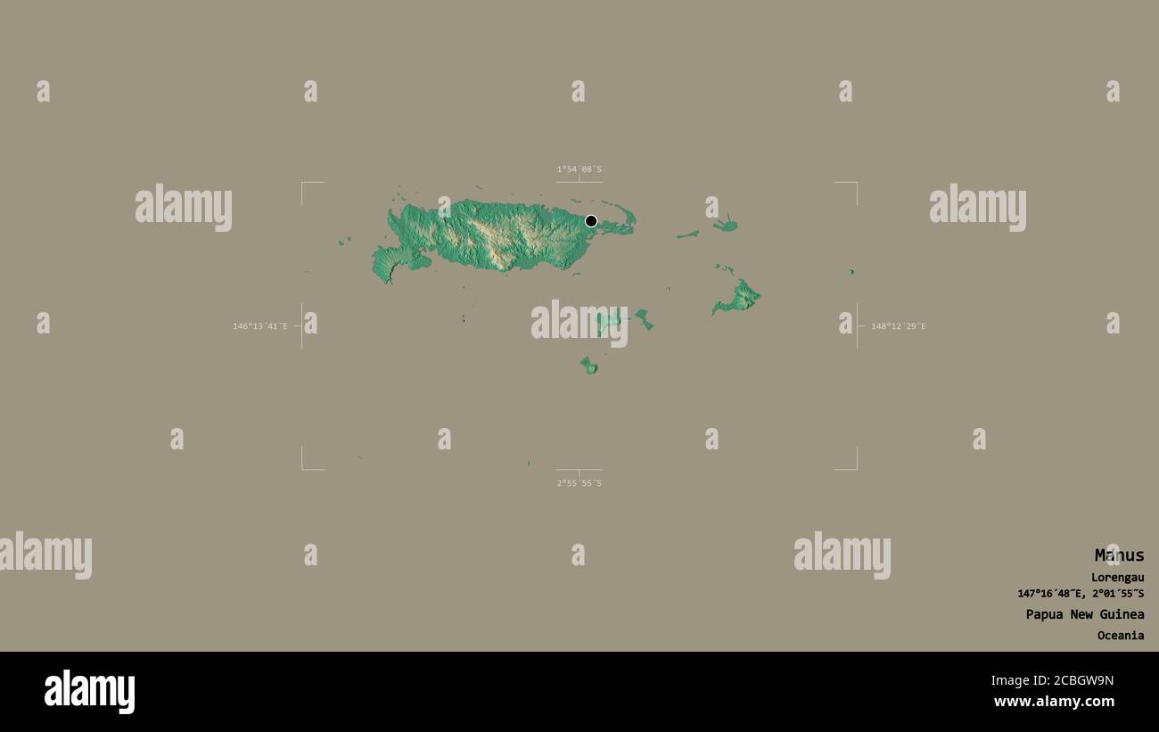 Area of Manus, province of Papua New Guinea, isolated on a solid background in a georeferenced bounding box. Labels. Topographic relief map. 3D render Stock Photo