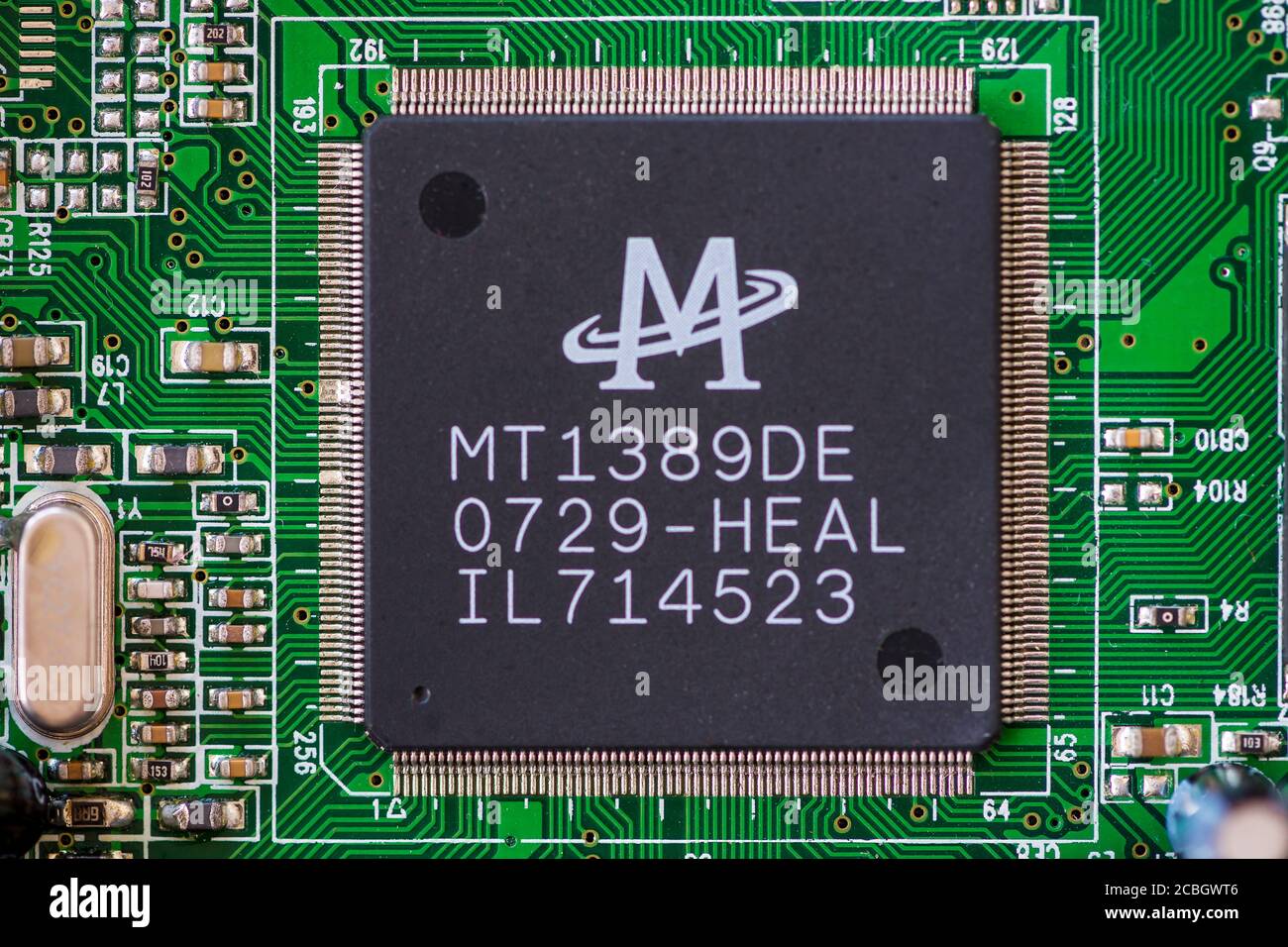 TIMISOARA, ROMANIA - DECEMBER 15, 2019: Close-up of a MediaTek MT1389DE ...