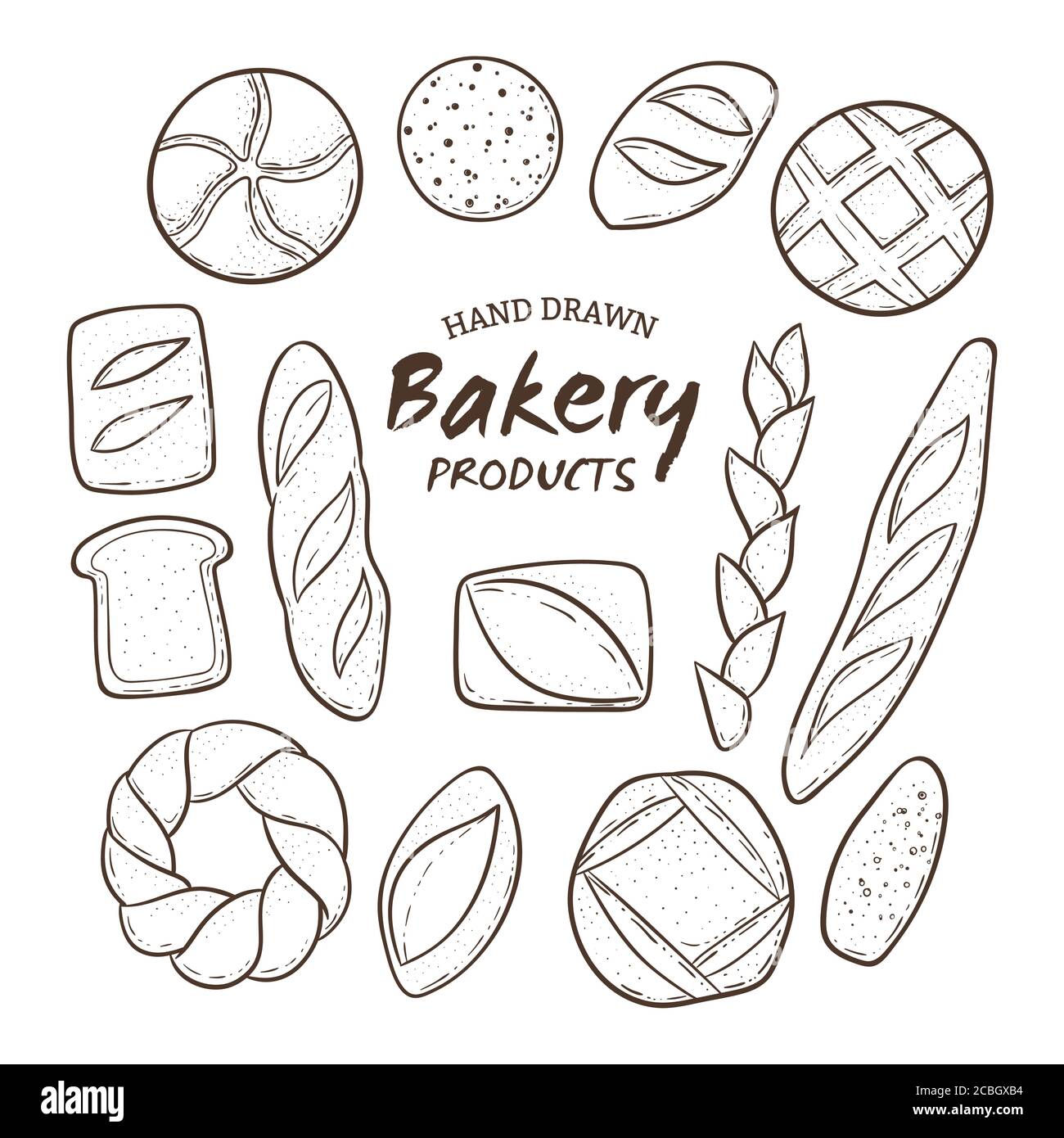 Hand drawn bakery fresh bread collection. Outlined design elements isolated on white. Vector illustration. Stock Vector