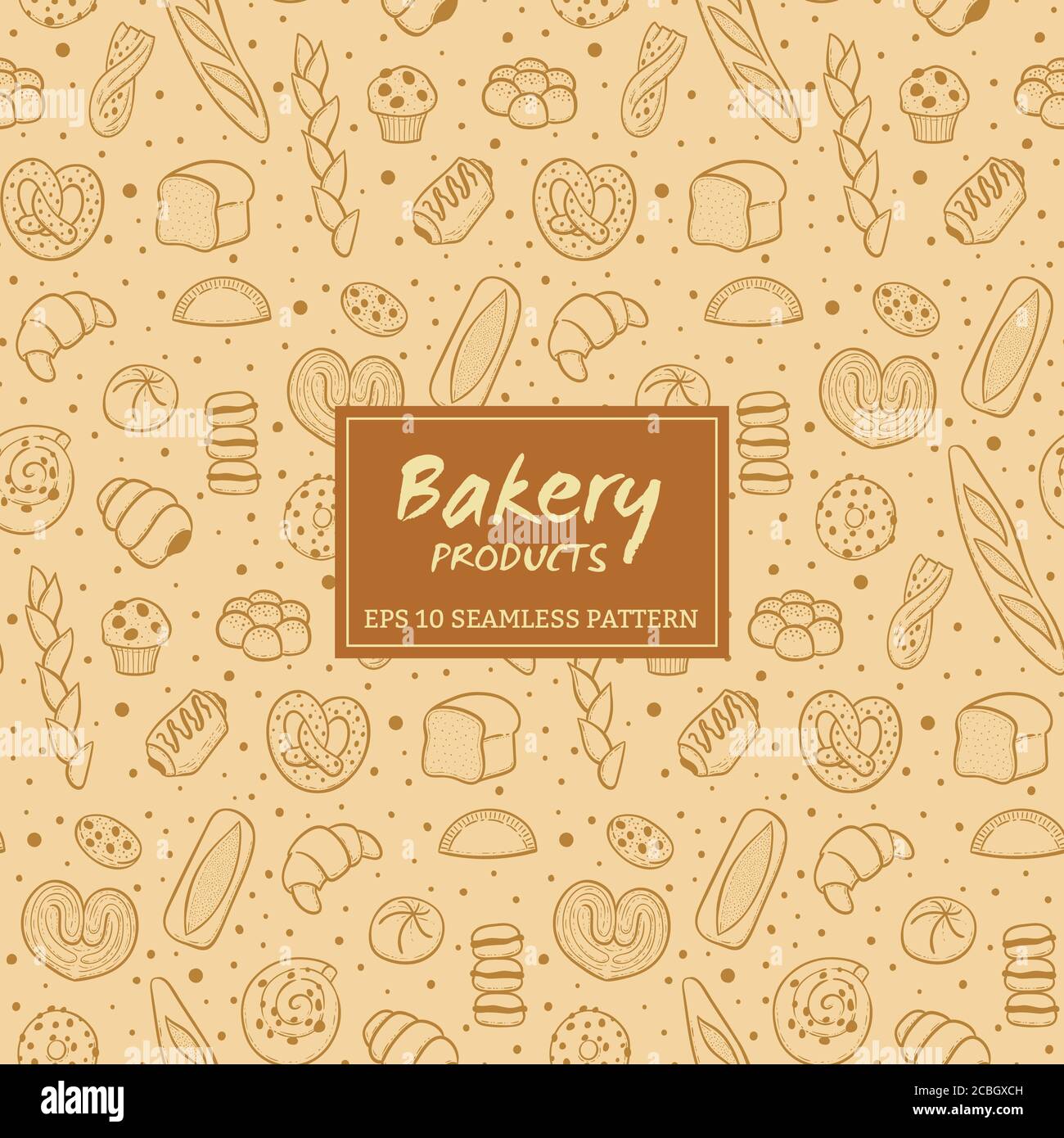 Hand drawn seamless pattern of bread and bakery products. Baked goods background. Vector illustration. Stock Vector