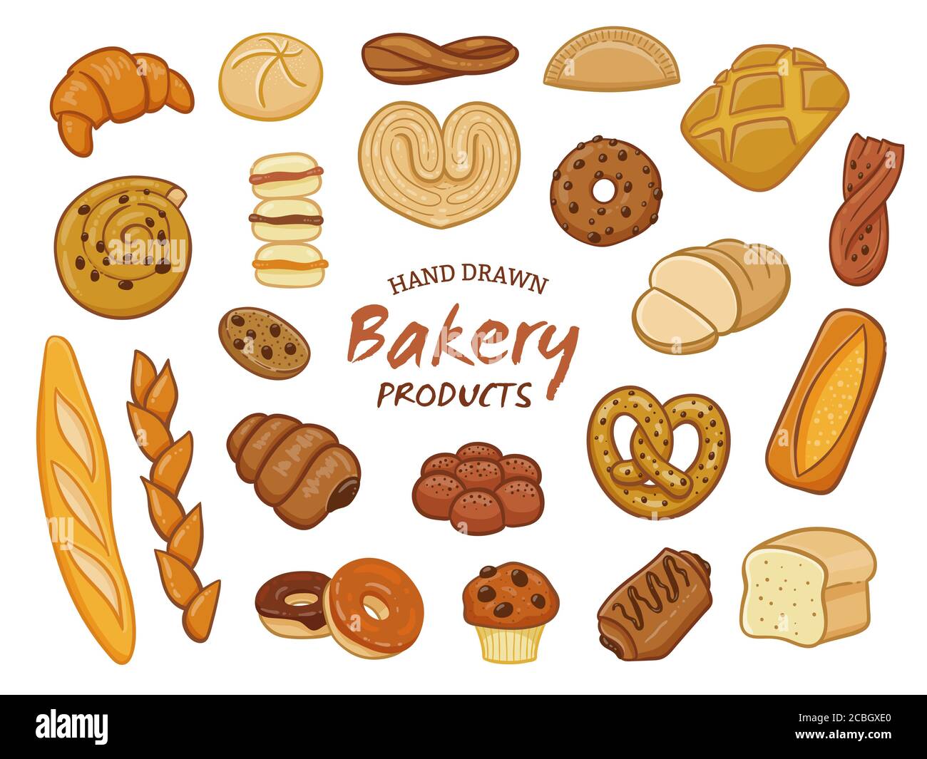 Set of various sorts of bread and bakery products. Hand drawn design elements isolated on white. Vector illustration. Stock Vector