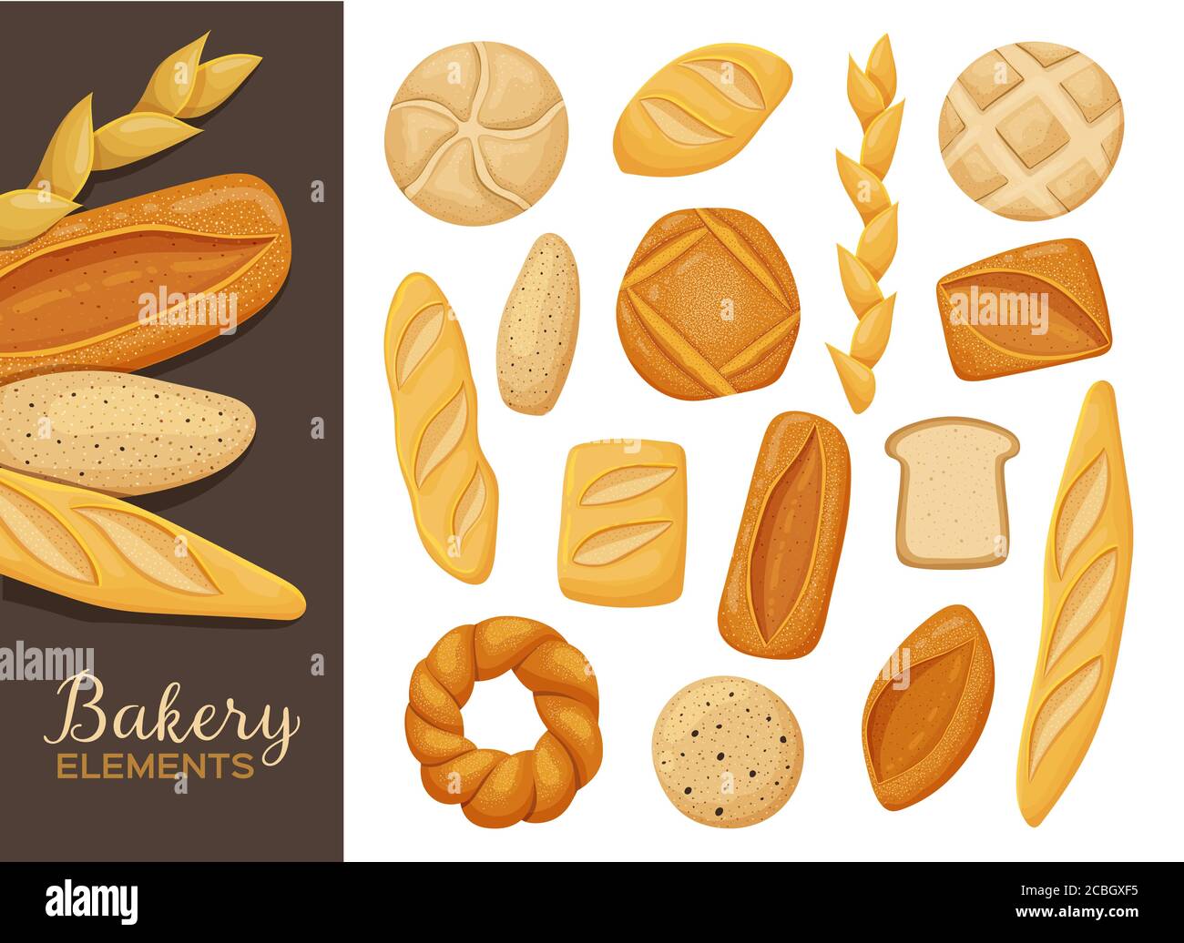 Set of various sorts of fresh bread isolated on white. Bakery products poster. Vector illustration. Stock Vector