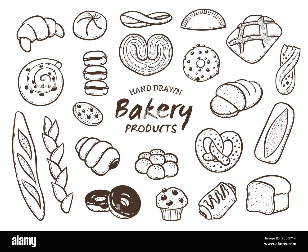 Hand drawn breads and bakery goods set. Outlined design elements isolated on white. Vector illustration. Stock Vector