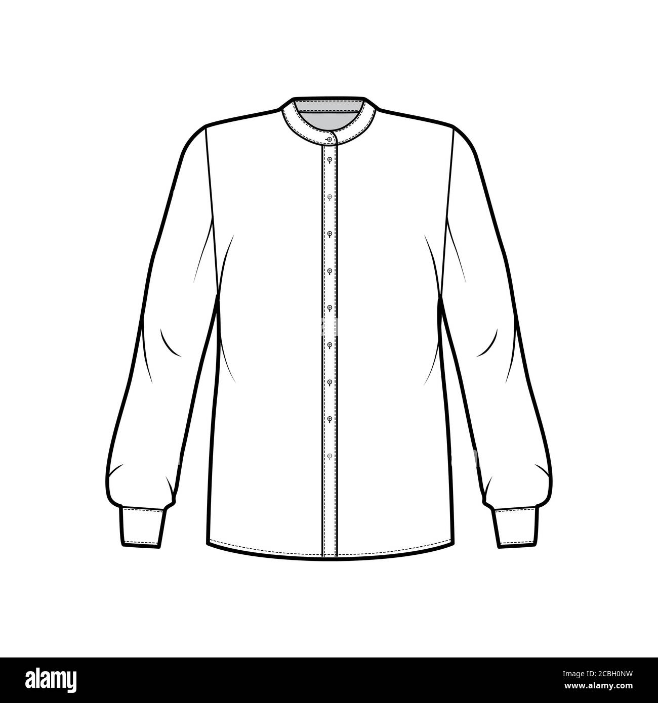Shirt technical fashion illustration with rounded mandarin collar, long sleeves with cuff, oversized body, back round yoke. Flat apparel top template front, white color. Women men unisex blouse mockup Stock Vector
