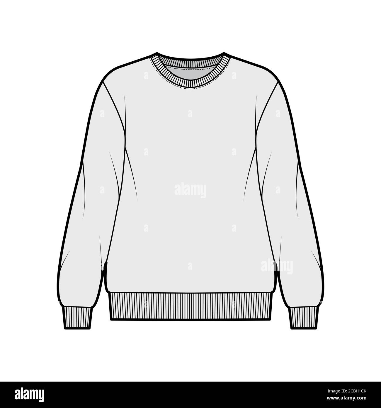 Cotton-terry oversized sweatshirt technical fashion illustration with relaxed fit, crew neckline, long sleeves. Flat outwear jumper apparel template front, grey color. Women, men, unisex top CAD Stock Vector