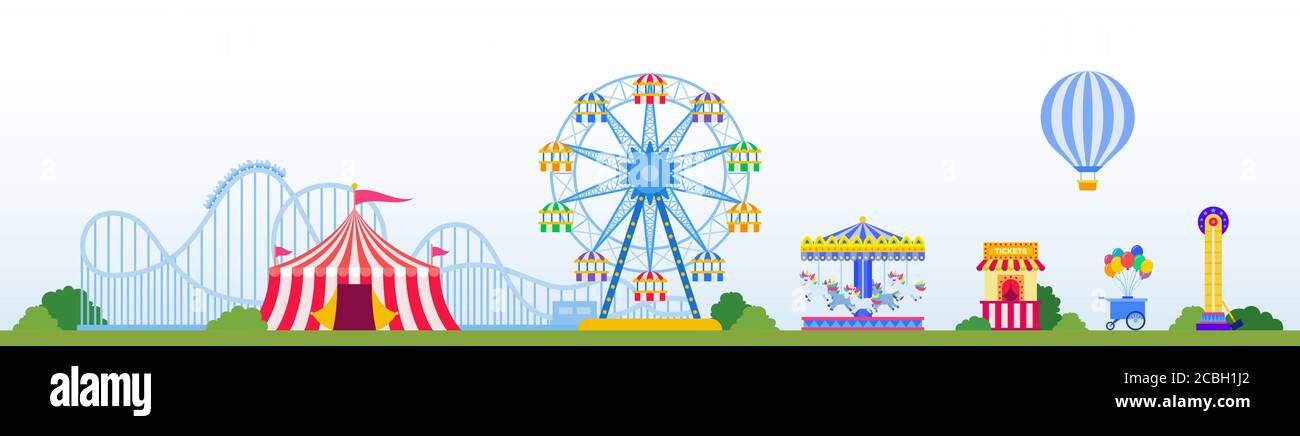 Amusement park with attractions, carousels, circus tent vector ...
