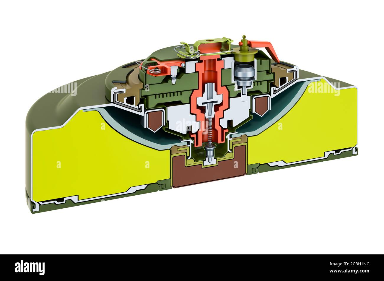 Cross-section of anti-tank mine, 3D rendering isolated on white background Stock Photo