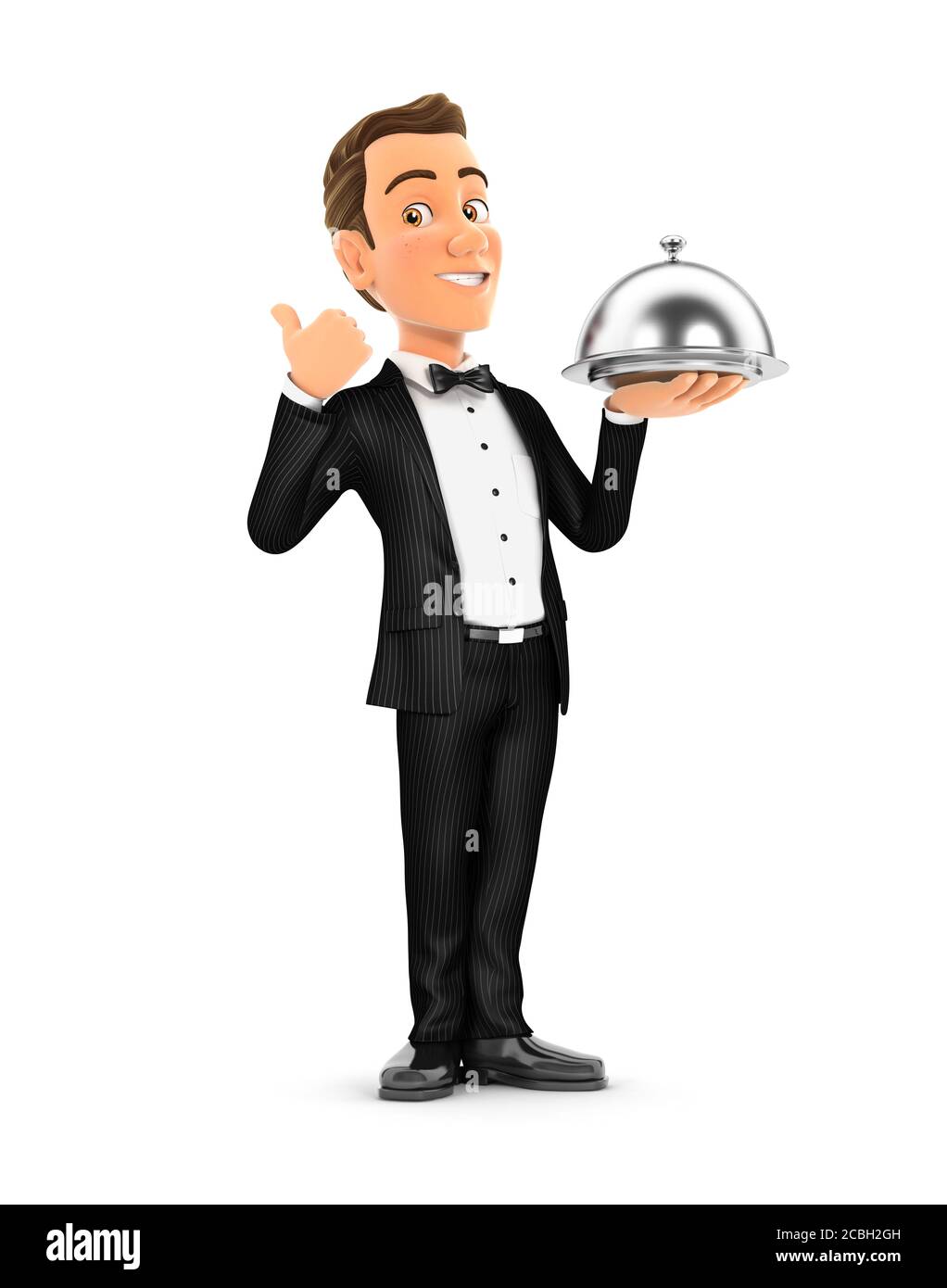 3d waiter standing with restaurant cloche and thumb up, illustration with  isolated white background Stock Photo - Alamy