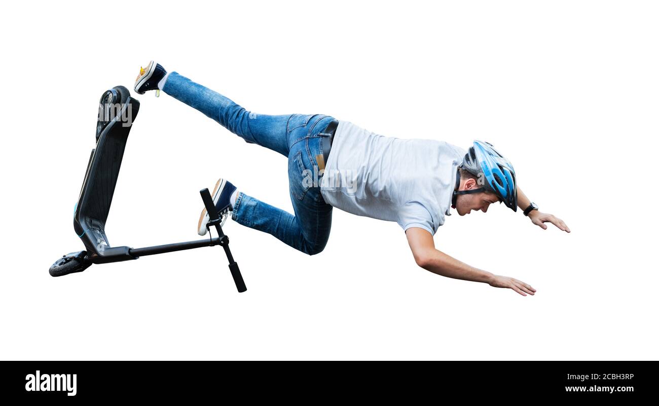 Electric E Scooter Collision Accident. Human Falling Stock Photo