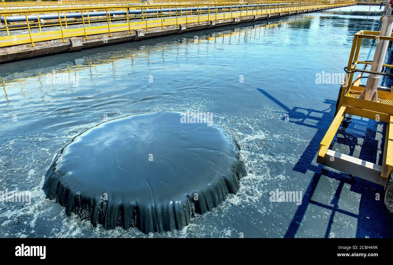 Wastewater treatment plant. Tank for aeration and cleaning of sewage mass. Stock Photo