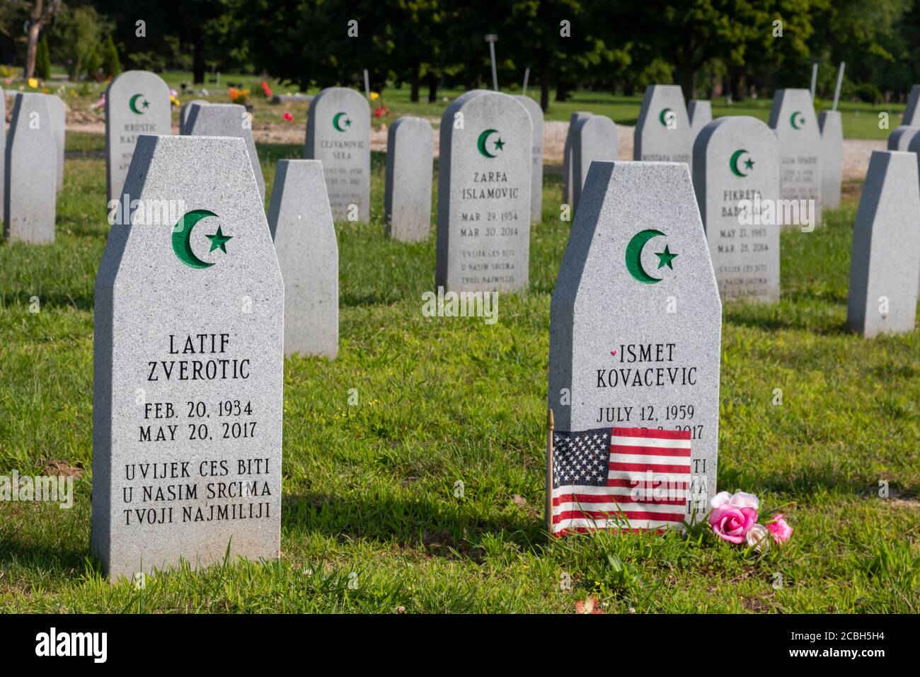 Detroit, Michigan - Graves in the Bosnian-American Islamic Garden section of Woodmere Cemetery. Stock Photo