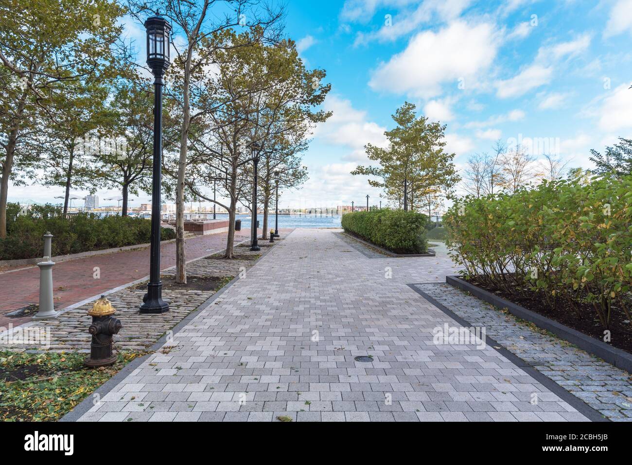 Deserted pedestrian street lined with trees and street lights in a waterfront park on a clear autumn morning Stock Photo