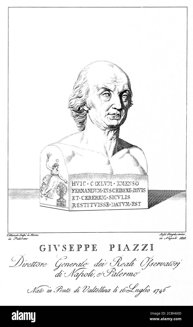1818 , ITALY : The celebrated italian priest and astronomer GIUSEPPE PIAZZI ( 1746 - 1826 ). Discover of Cerere ( Ceres , the dwarf planet ) in 1801 . Portrait engraved by Bossi ( 1818 ) from the original marble bust sculpted by Villareale in Naples . - SCIENZA - ritratto - portrait - prete - priest - SCIENZIATO - SCIENZA -  SCIENCE - SCIENTIST- HISTORY -  foto storiche  - ASTRONOMIA - ASTRONOMY - ASTRONOMER - ASTRONOMO -  illustrazione - illustration - engraving - incisione  - CATHOLIC RELIGION - RELIGIONE CATTOLICA --- ARCHIVIO GBB Stock Photo