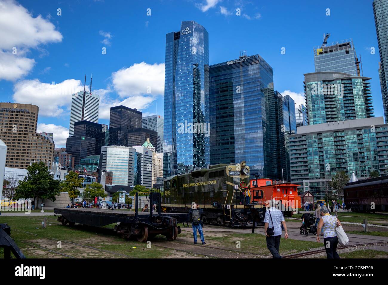 Downtown Toronto cityscape view with disused railcars in the foreground Stock Photo