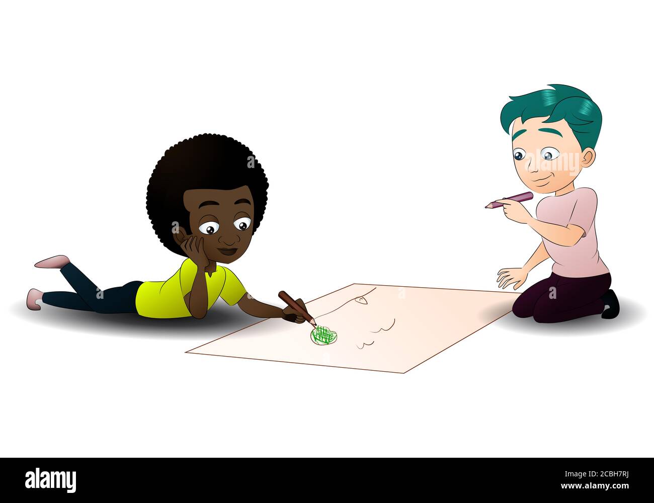 illustration of two kid drawing together on isolated white background