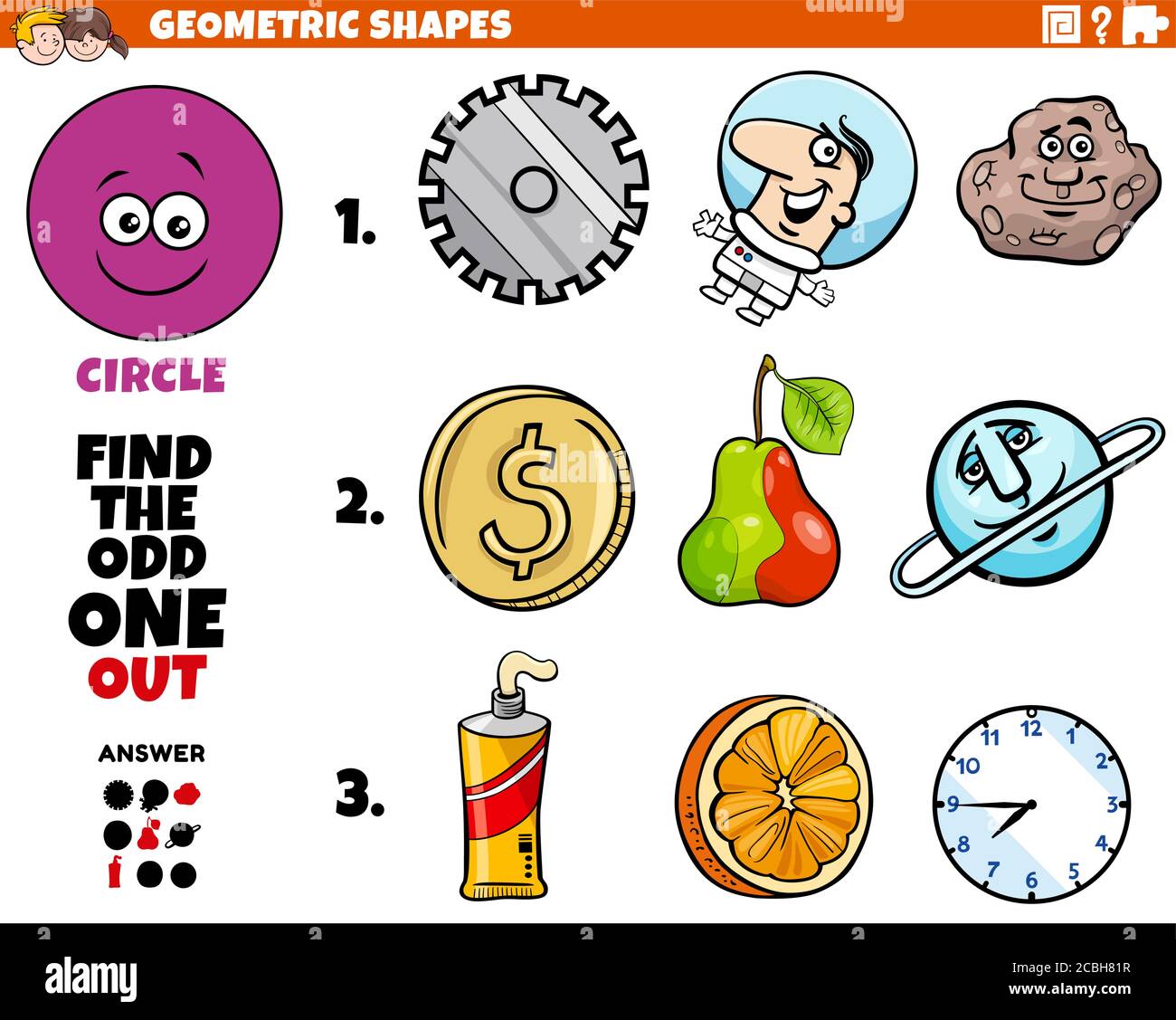 Cartoon Illustration of Circle Geometric Shape Educational Odd One Out