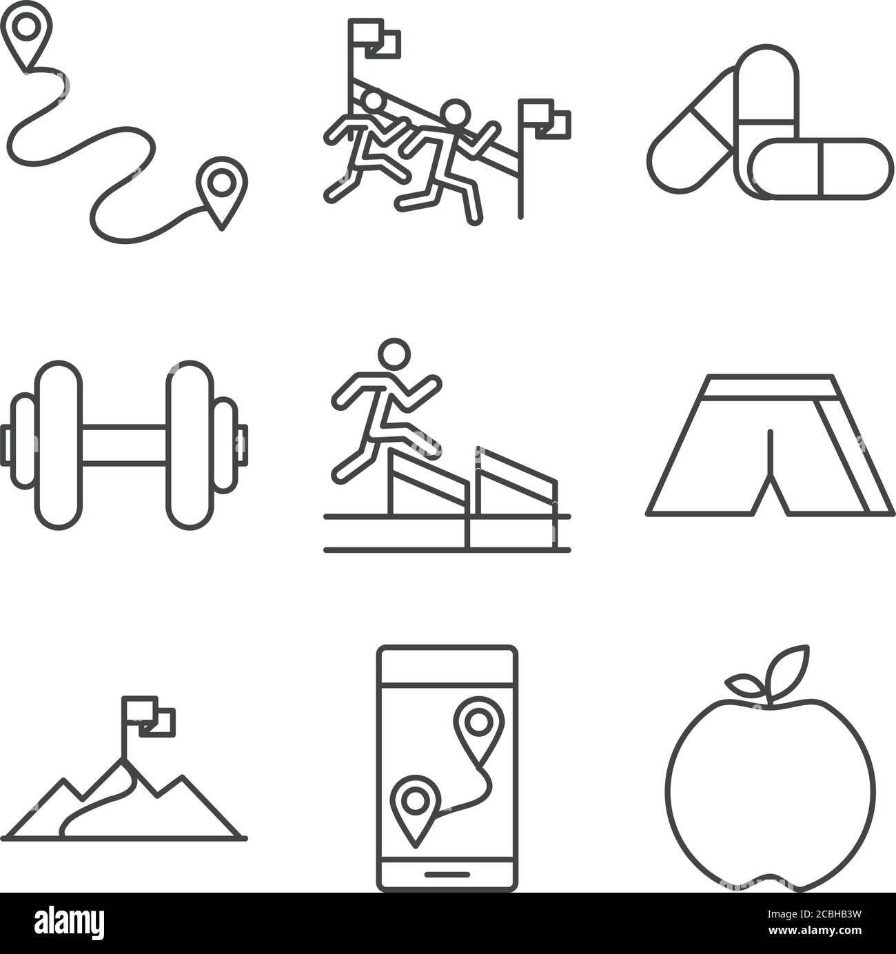 running sport race track flag finish apple barbell medicine line icons ...