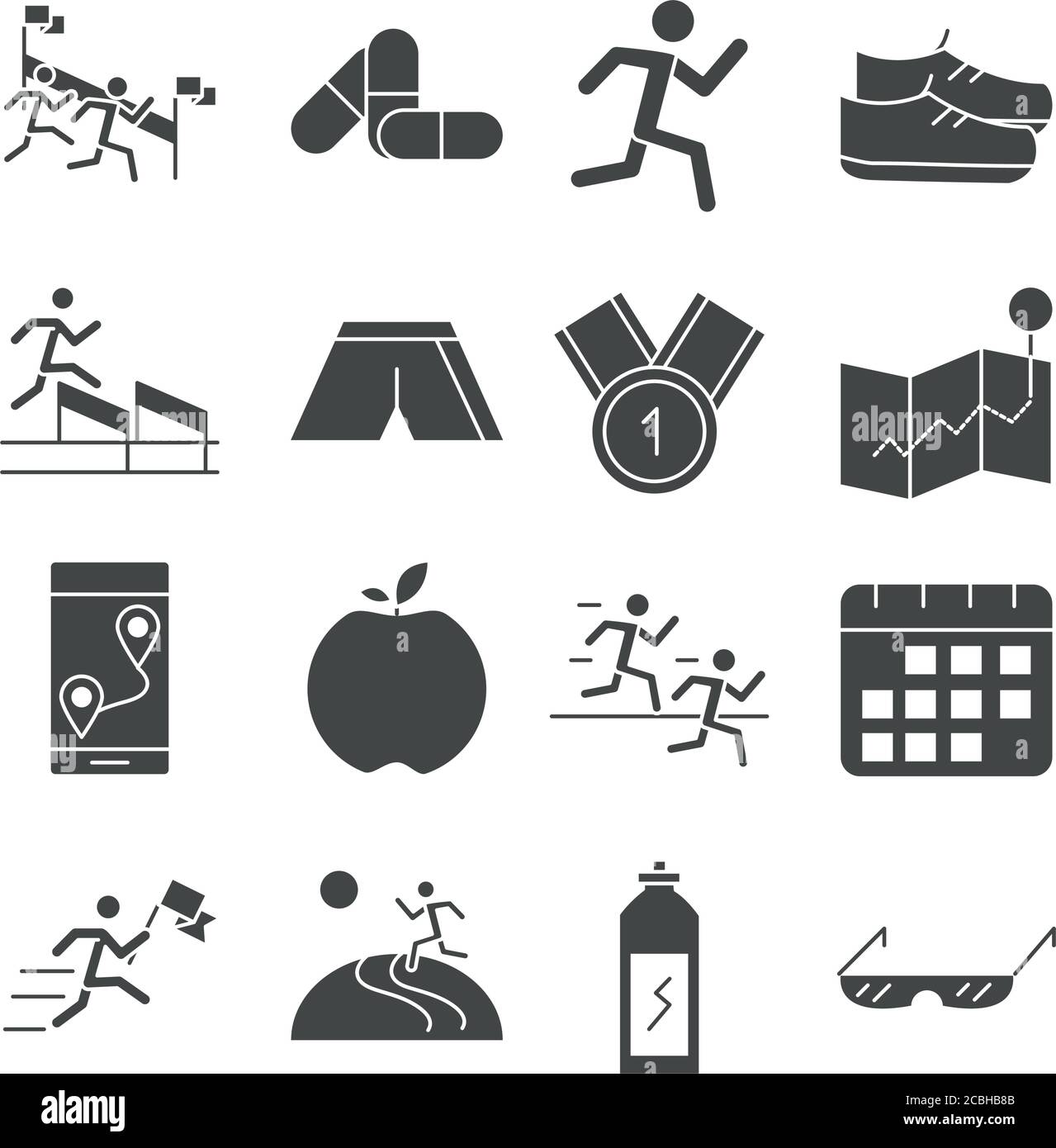 running sport race flag mountains trophy apple barbell line icons set ...