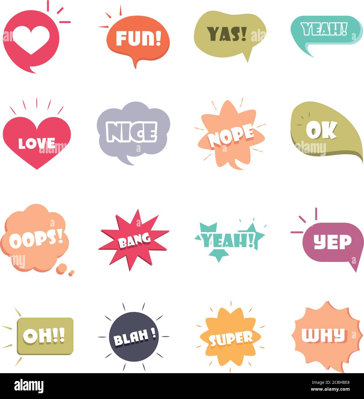 slang bubbles different words and phrases in multicolor cartoon, love
