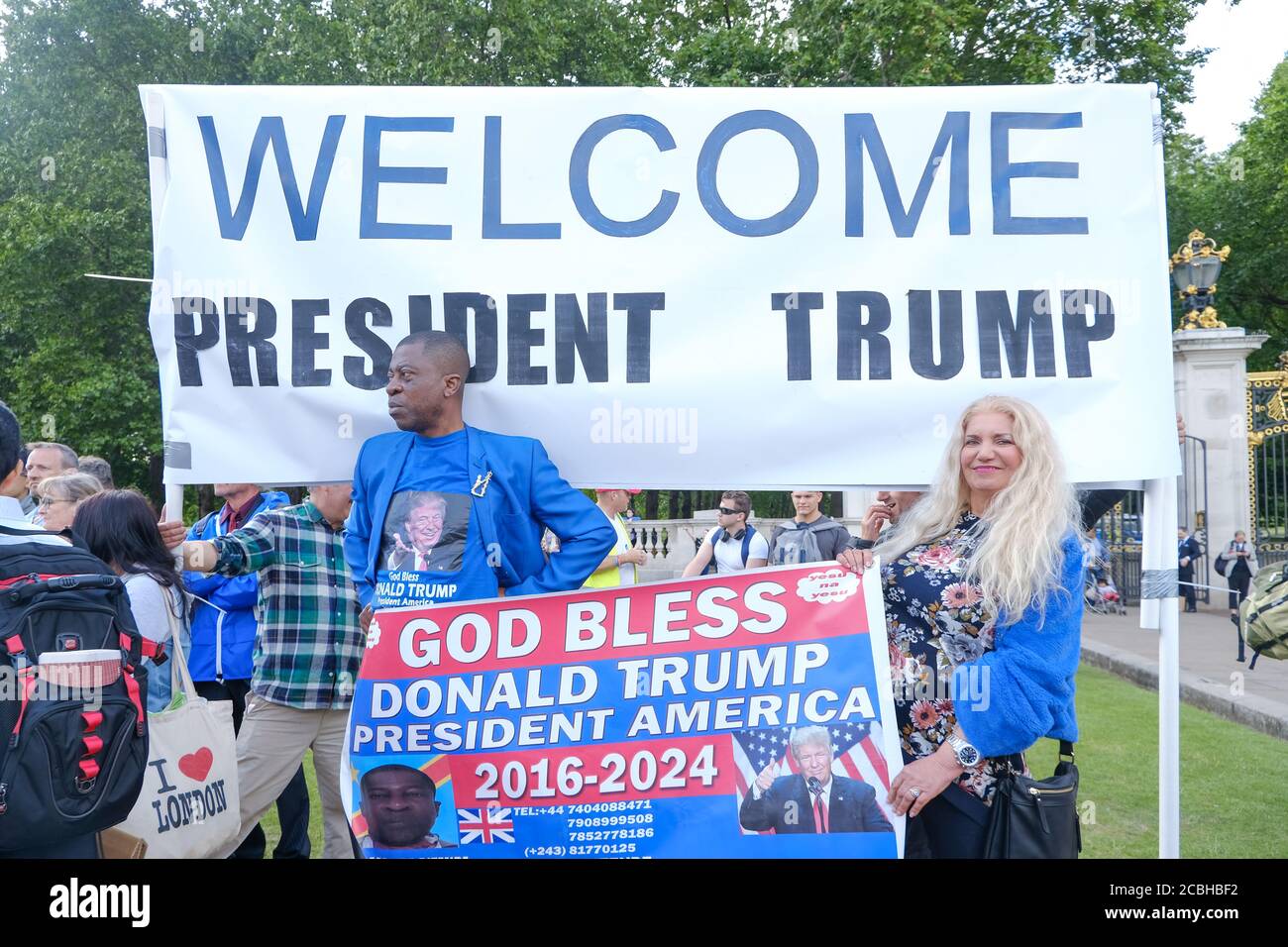 Donald Trump supporters wait for his arrival outside Buckingham Palace where he was scheduled to meet the Queen on June 4th 2019. Stock Photo