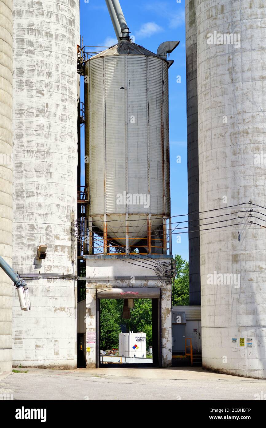 Watseka, Illinois, USA. Old grain elevators straddling a double track