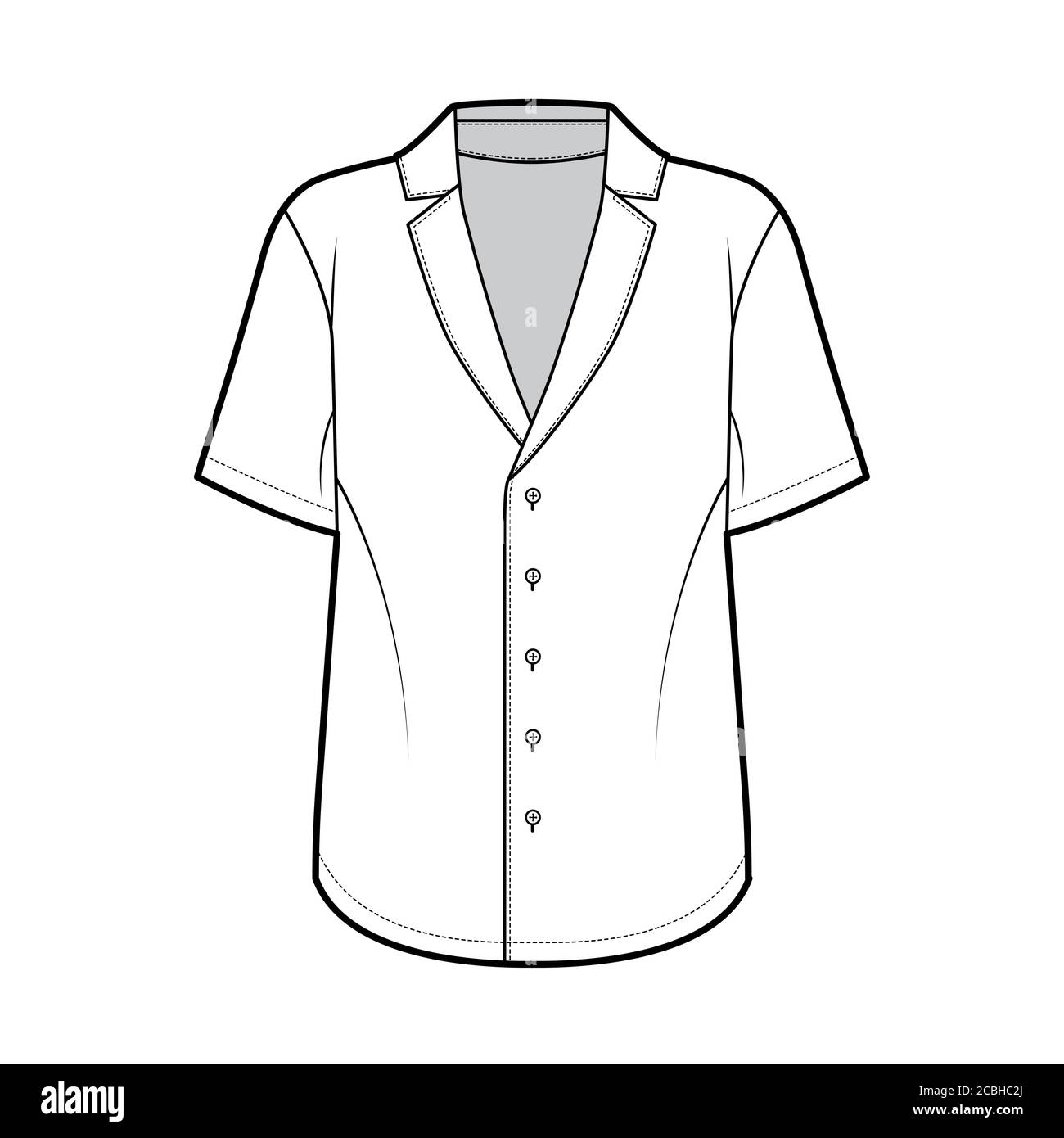 Pajama-style shirt technical fashion illustration with loose silhouette, pointed notch collar, front button fastenings, short sleeves. Flat apparel template front white color. Women men unisex top Stock Vector
