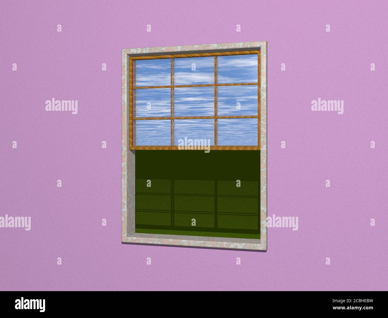 Open sash window from VIOLET wall viewing outside lawn with cloudy sky ...
