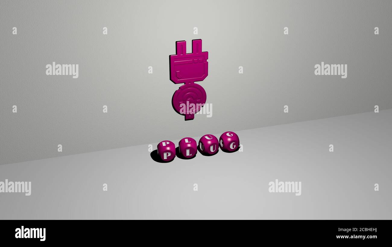 plug 3D icon on the wall and text of cubic alphabets on the floor - 3D ...