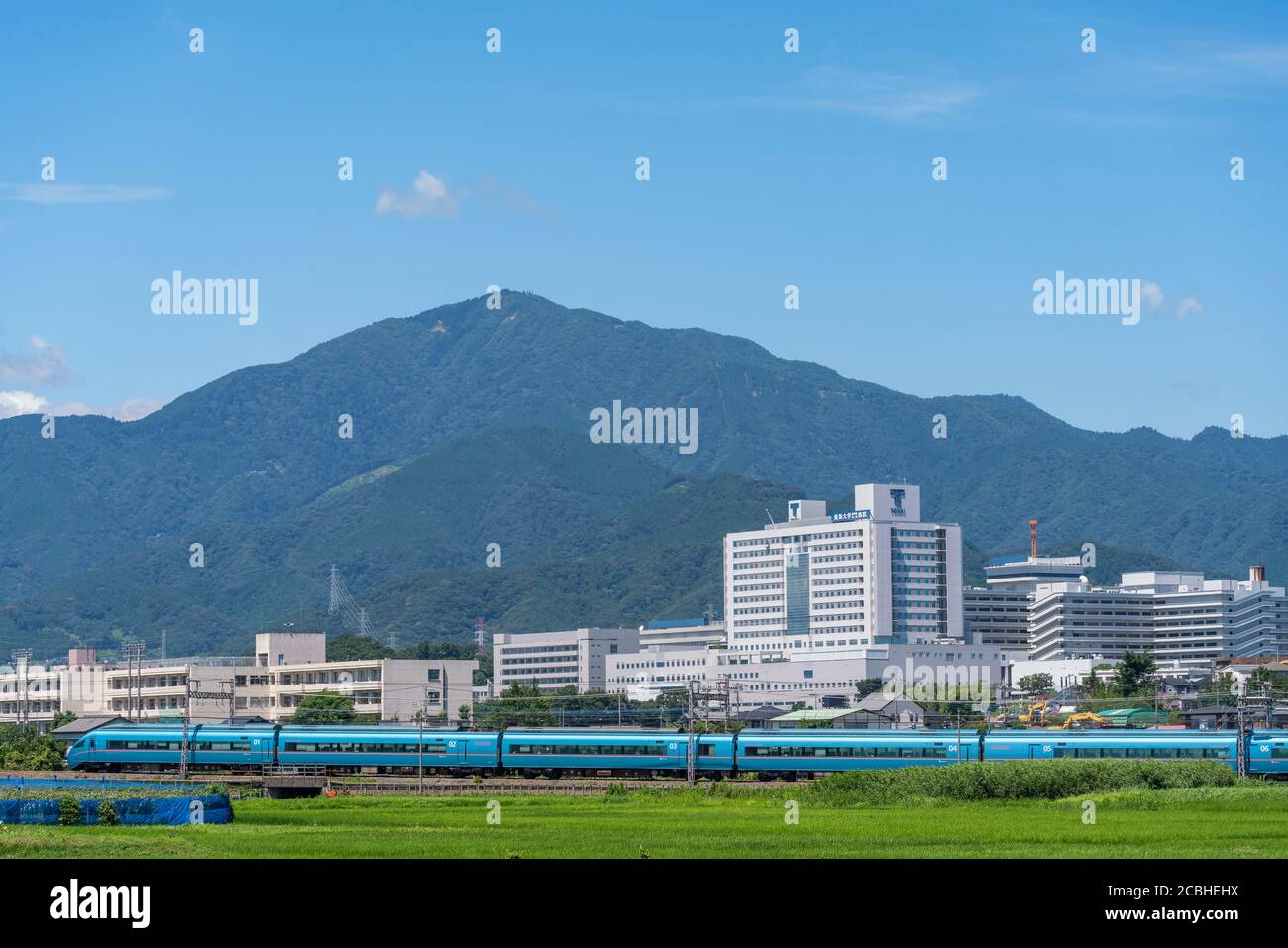 Odakyu Line Romancecar MSE, Isehara City, Kanagawa Prefecture, Japan. Mt. Oyama on background. Stock Photo