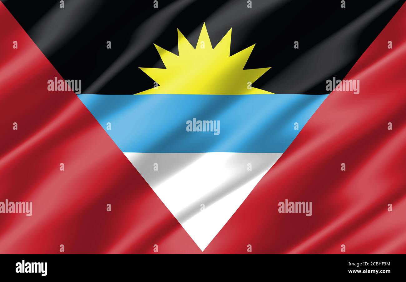 Silk wavy flag of Antigua and Barbuda graphic. Wavy Antiguan and Barbudan flag 3D illustration. Rippled Antigua and Barbuda country flag is a symbol o Stock Photo