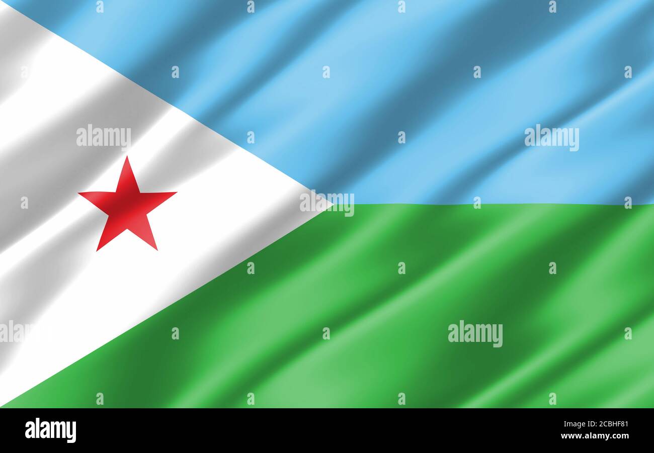 Silk wavy flag of Djibouti graphic. Wavy Djiboutian flag 3D illustration. Rippled Djibouti country flag is a symbol of freedom, patriotism and indepen Stock Photo