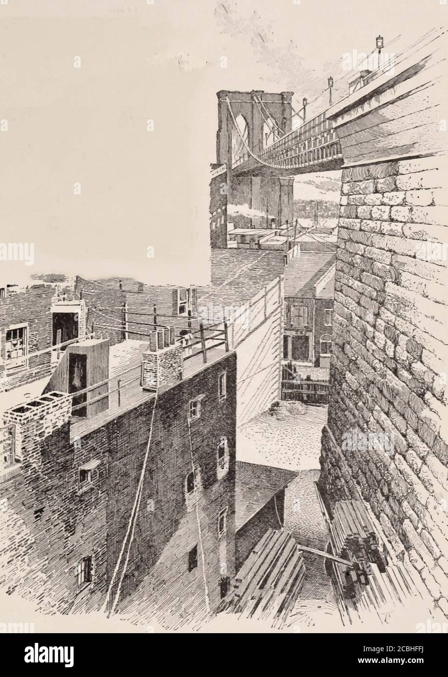 Under the Shadow of the Great Bridge - Brooklyn Bridge, circa 1892 Stock Photo