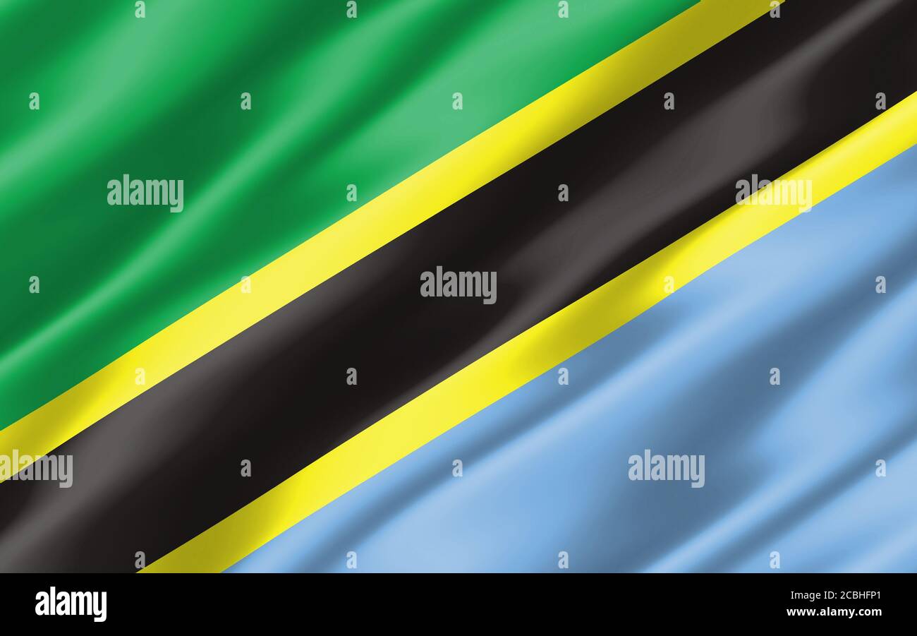 Silk wavy flag of Tanzania graphic. Wavy Tanzanian flag 3D illustration. Rippled Tanzania country flag is a symbol of freedom, patriotism and independ Stock Photo