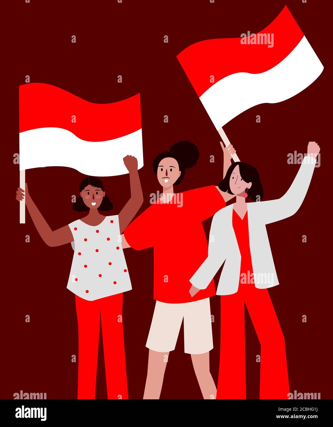 Group lady very happy smile holding red white flag celebration indonesian independence Stock Vector