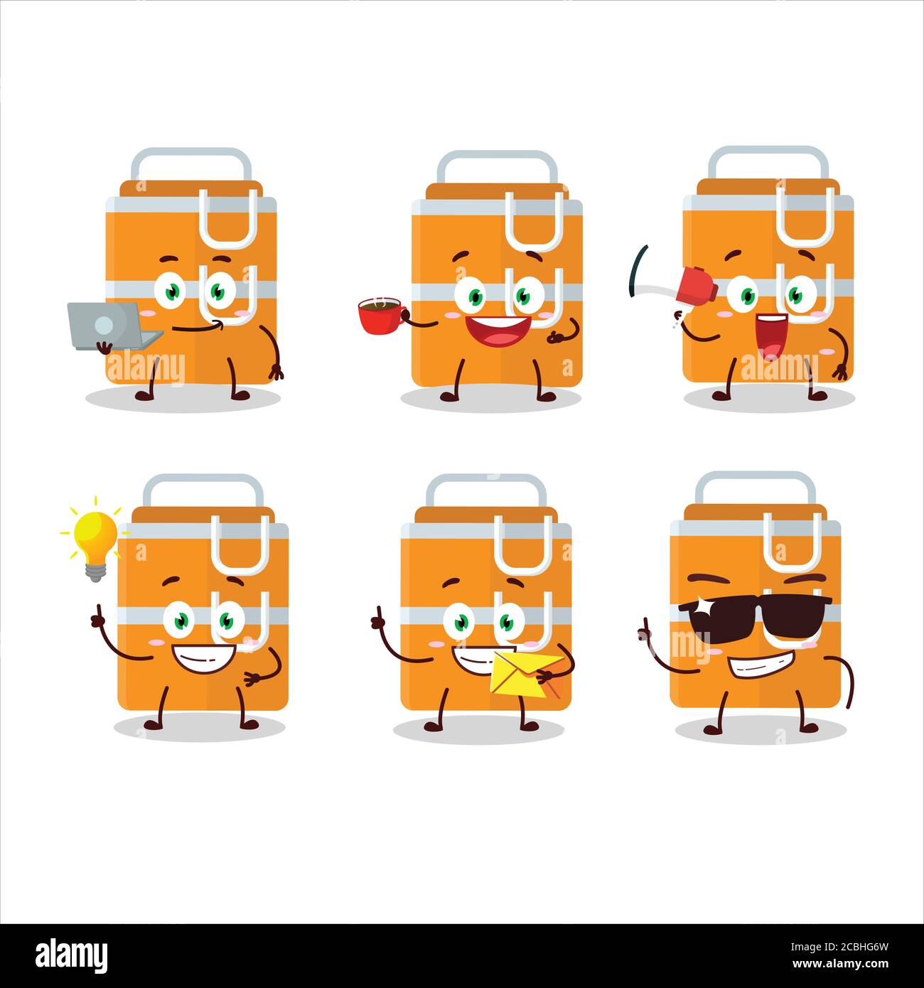 Orange lunch box cartoon character with various types of business
