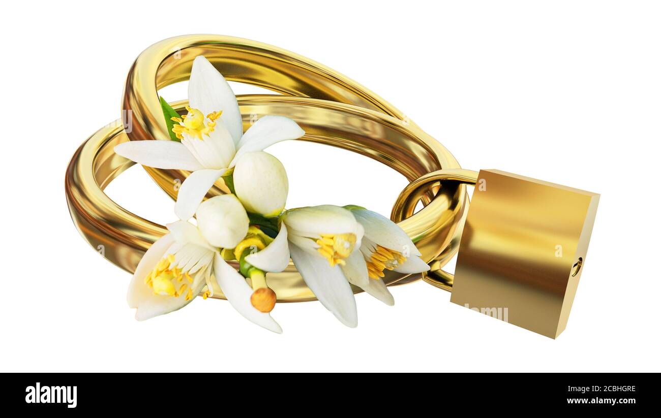rings and flowers of ornage  pair locked with padlock  golden marriage counselor together for ever - 3d rendering Stock Photo
