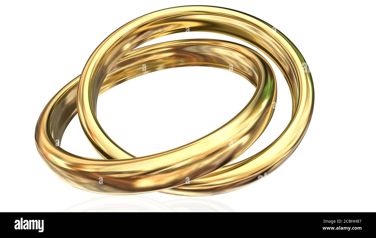 mariage rings golden two 2 isolated  interalaced - 3d rendering Stock Photo