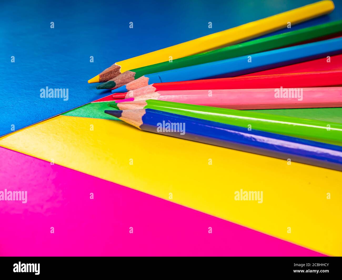 Colored pencils for drawing on the table. Stock Photo