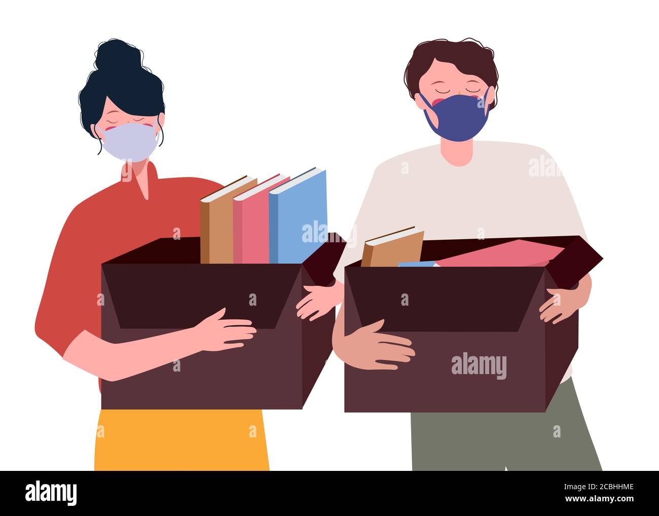 Unemployement men women wear mask carrying box contain archives sad face with flat cartoon style Stock Vector