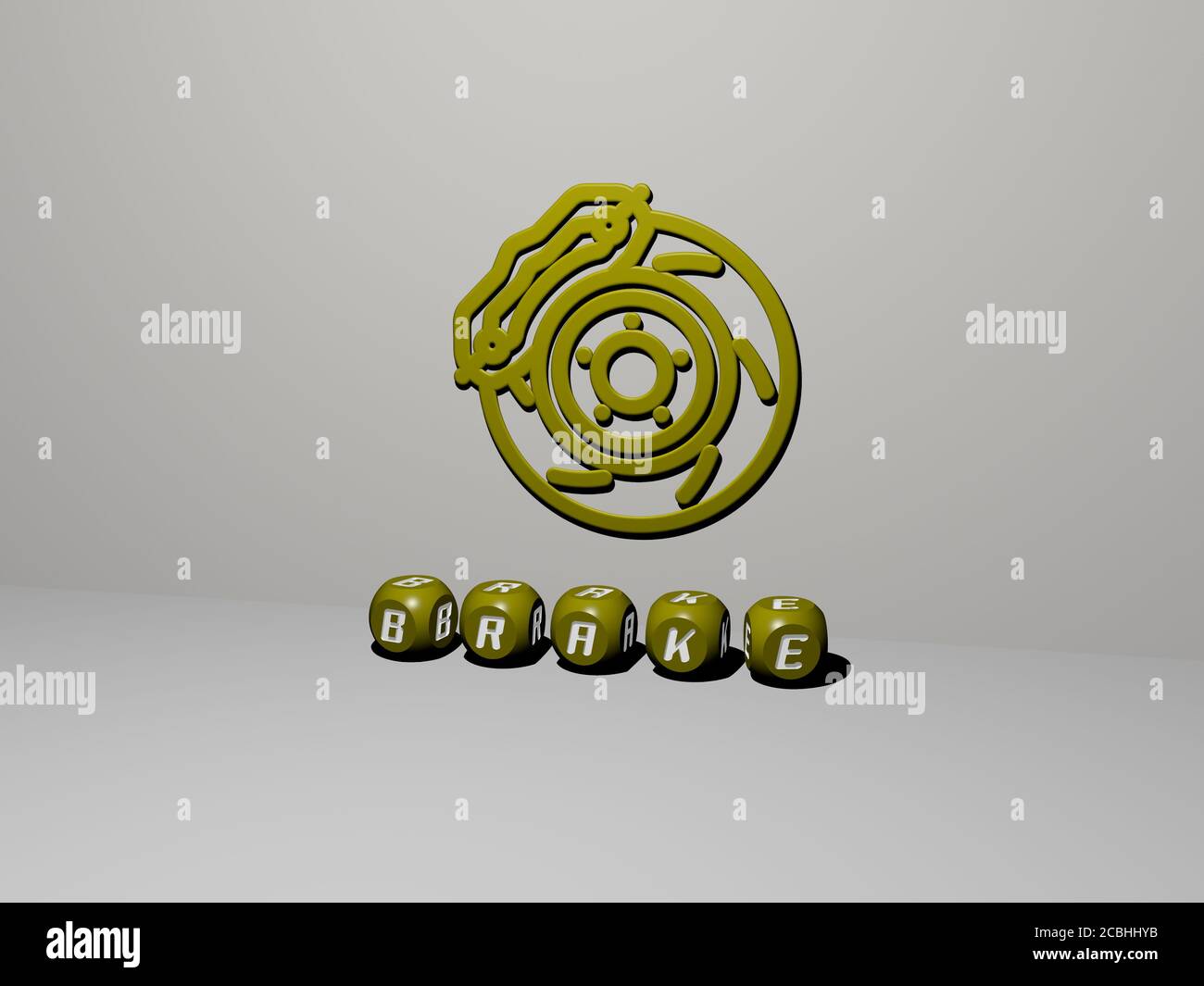 brake 3D icon on the wall and text of cubic alphabets on the floor - 3D illustration for car and background Stock Photo