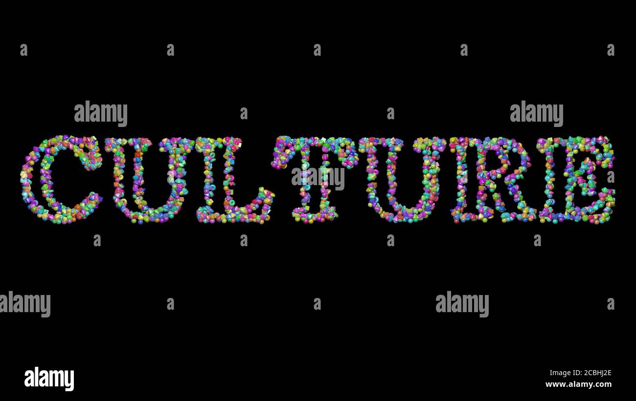 Colorful 3D writing of culture text with small objects over a dark ...