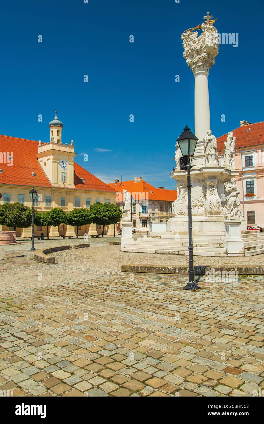 Holy trinity square, pillars with statues in Tvrdja, old historic town of Osijek, Croatia Stock Photo