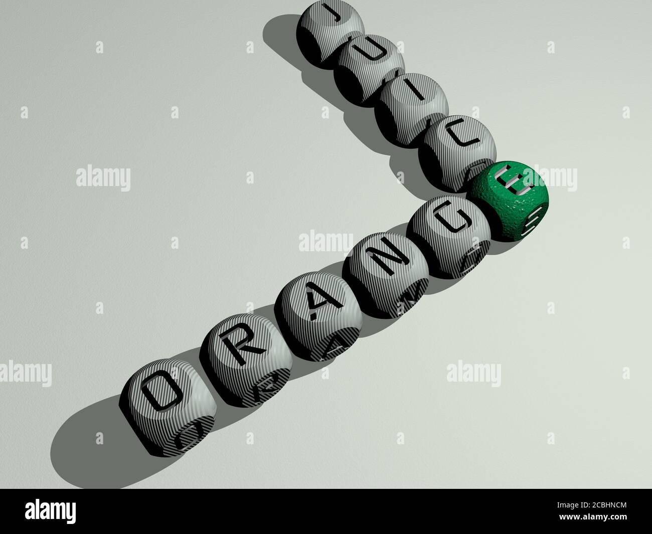 ORANGE JUICE crossword of dice letters in color 3D illustration for