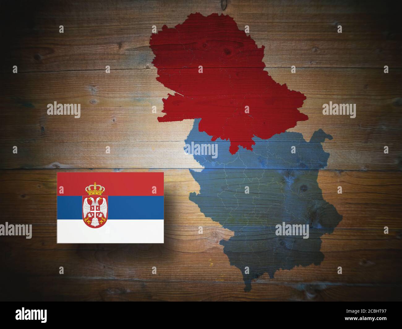 Map of the Republic of Serbia and the Autonomous Province of Vojvodina, flag of the Republic of Serbia, on a wooden background,, 3D illustration Stock Photo